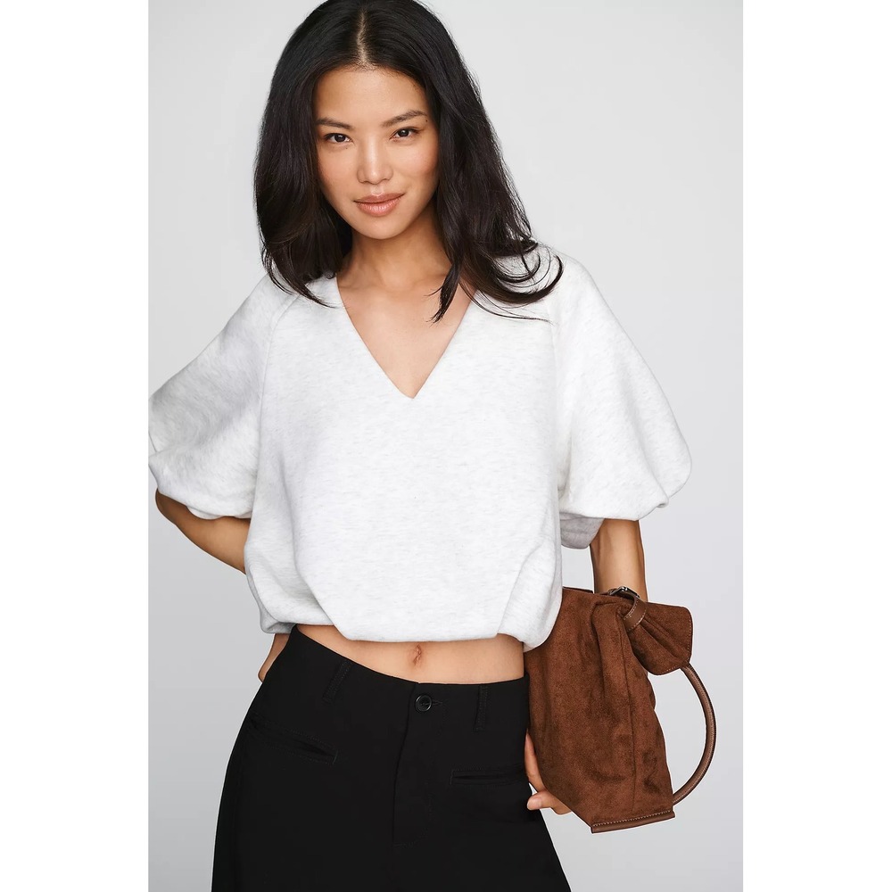 Maeve Anthropologie Heather Grey V-Neck Cotton Bubble Sleeve Sweatshirt Large